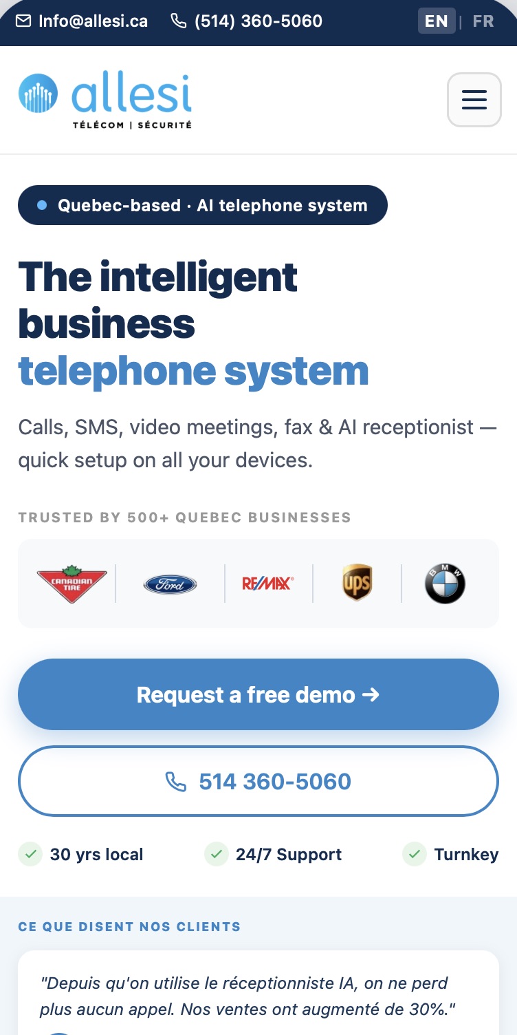 Allesi landing page after the rebuild, with client logo strip above the CTA