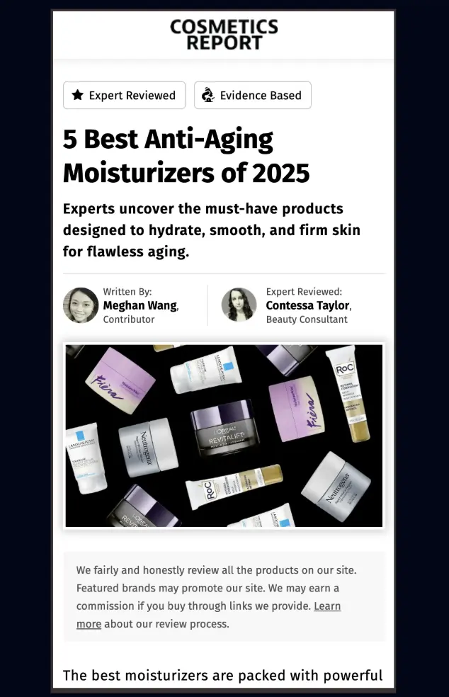 Cosmetics article page before redesign
