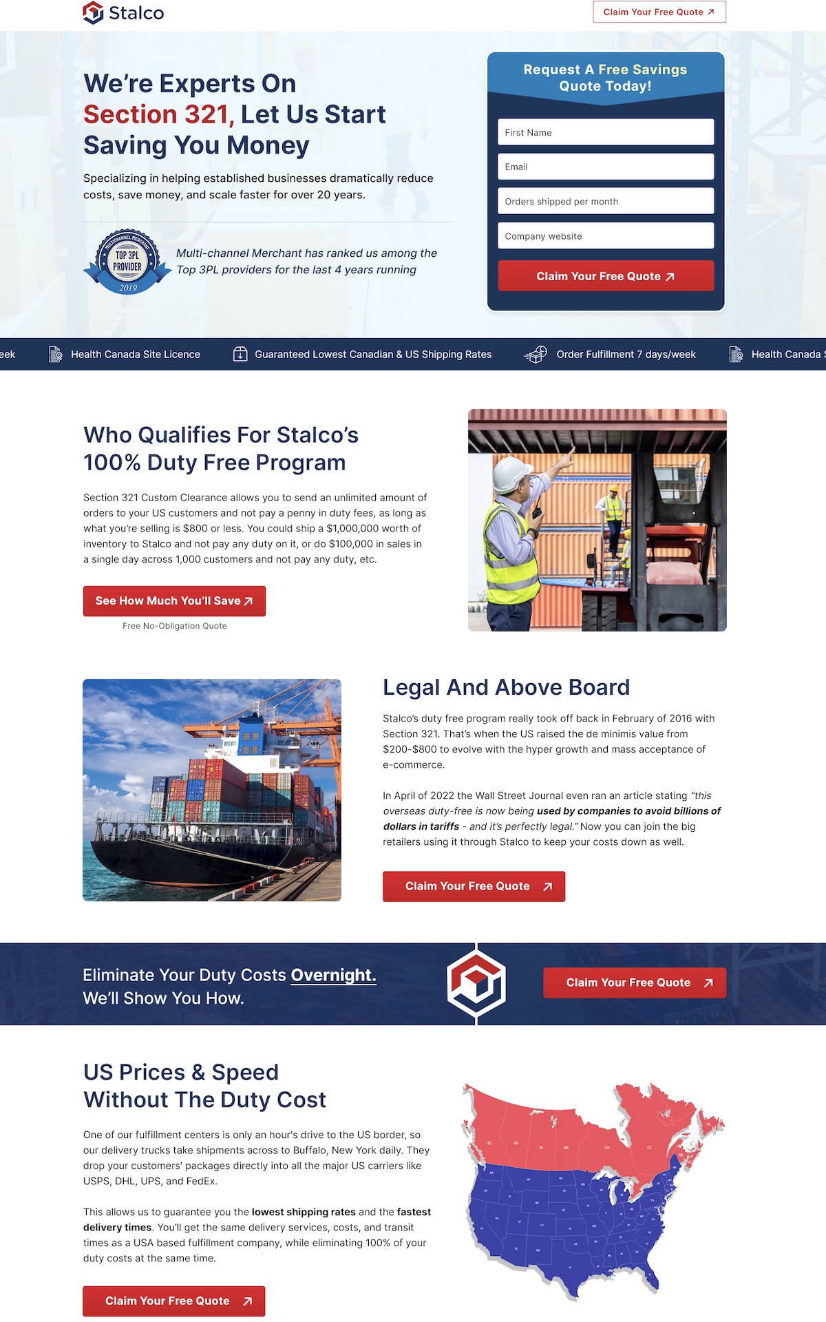 Stalco Section 321 duty-free landing page